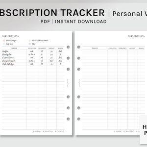 May include: A printable subscription tracker planner with two pages. The left page has a section for subscriptions with columns for service, expiration date, frequency, amount, and renew. The right page is blank with the same column headings. The text "SUBSCRIPTION TRACKER | Personal Wide" is at the top of the page. The text "PDF | INSTANT DOWNLOAD" is below the title. The text "HAROO PLANS" is at the bottom right corner of the page.