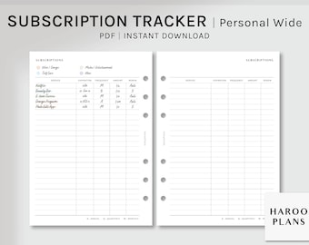 Könnte beinhalten: Ein druckbarer Abonnement-Tracker-Planer mit zwei Seiten. Die linke Seite hat einen Bereich für Abonnements mit Spalten für Dienstleistung, Ablaufdatum, Häufigkeit, Betrag und Verlängerung. Die rechte Seite ist leer mit den gleichen Spaltenüberschriften. Der Text "SUBSCRIPTION TRACKER | Personal Wide" befindet sich oben auf der Seite. Der Text "PDF | INSTANT DOWNLOAD" befindet sich unter dem Titel. Der Text "HAROO PLANS" befindet sich unten rechts auf der Seite.
