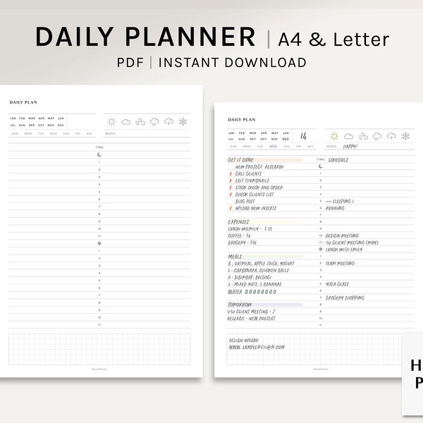 Daily Planner | A4, US Letter Printable Inserts | 24hours Schedule Template | Hourly Timetable Diary | Organizer PDF | Digital Download