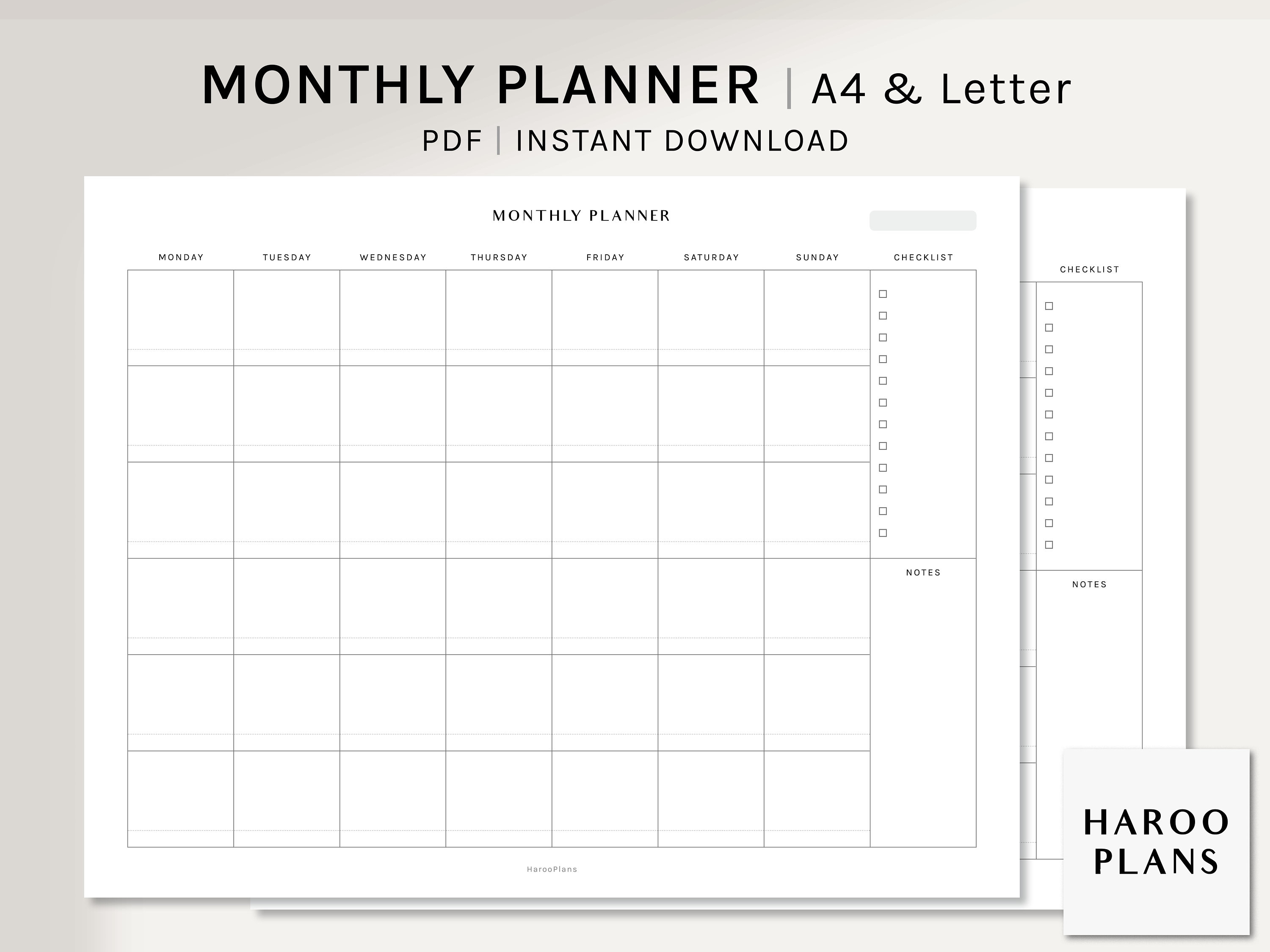 Undated Monthly Planner Printable | A4, US Letter | Blank Calendar ...
