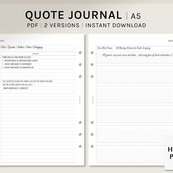 Quotes Journal | A5 Printable Planner Inserts | Reading Diary Template | for Book Lover | Inspirational quotes Log Sheets | Digital Download