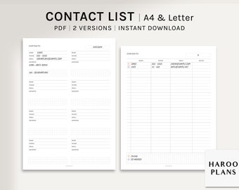 Contact List Sheet | A4, US Letter Printable Planner Inserts | Phone Number Email List Template | Address Book Worksheet | Digital Download