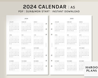 2024 Calendar | A5 Printable Planner Inserts | Simple Yearly Template | Dated Year at a glance PDF | Monday Sunday Start | Digital Download