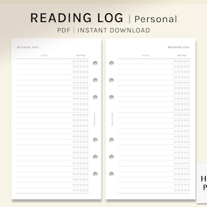 Puede incluir: Un registro de lectura imprimible con una sección de título y una sección de calificación. La sección de calificación tiene cinco estrellas para cada entrada. El registro está diseñado para uso personal y está disponible como descarga instantánea en PDF.