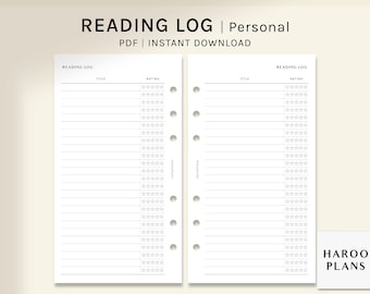 May include: A printable reading log with a title and rating section. The rating section has five stars for each entry. The log is designed for personal use and is available as a PDF instant download.