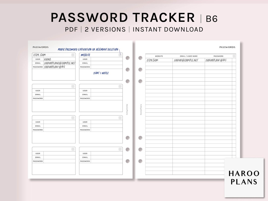 Password Key Rings Password Tracker | B6 Rings Printable Planner Inserts | Simple ...