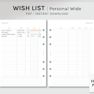 Wishlist Printable Planner InsertsPages for RingsRing Planners PWPersonal Wide WantNeed List