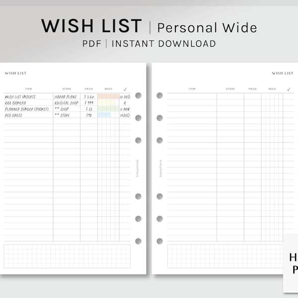 Wunschliste | Personal Wide Printable PlanerEinlagen | Wunschliste Vorlage | Shopping Tracker | Kaufladen pdf | Digitaler Download