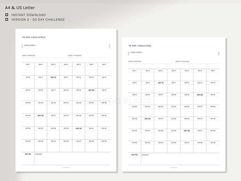 Challenge Sheet | A4, US Letter | Printable Planner Inserts | 30 50 100 Day Habit Tracker Template Bullet Journal PDF | Digital Download image 3
