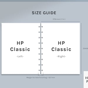 May include: A size guide for a HP Classic notebook, showing the dimensions of the left and right pages. The notebook is 7 inches wide and 9.25 inches tall. The guide also shows a 12.7 mm margin for hole punching.