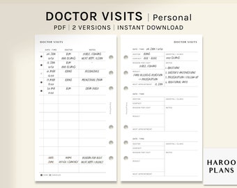 Doctor Visits Log | Personal Size Printable Planner Inserts | Medical Appointments List Template | Health Record List PDF | Digital Download