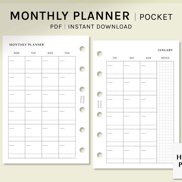 Undated Monthly Printable Planner Inserts | Pocket Ring | MO2P Template PDF | Blank Calendar | Monday, Sunday Starts