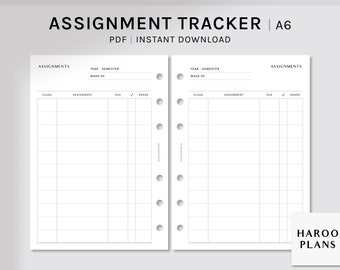 student homework diary Assignment Tracker | A6 Size Printable Planner Inserts | Simple Homework List Template | College Student Organizer PDF | Digital Download