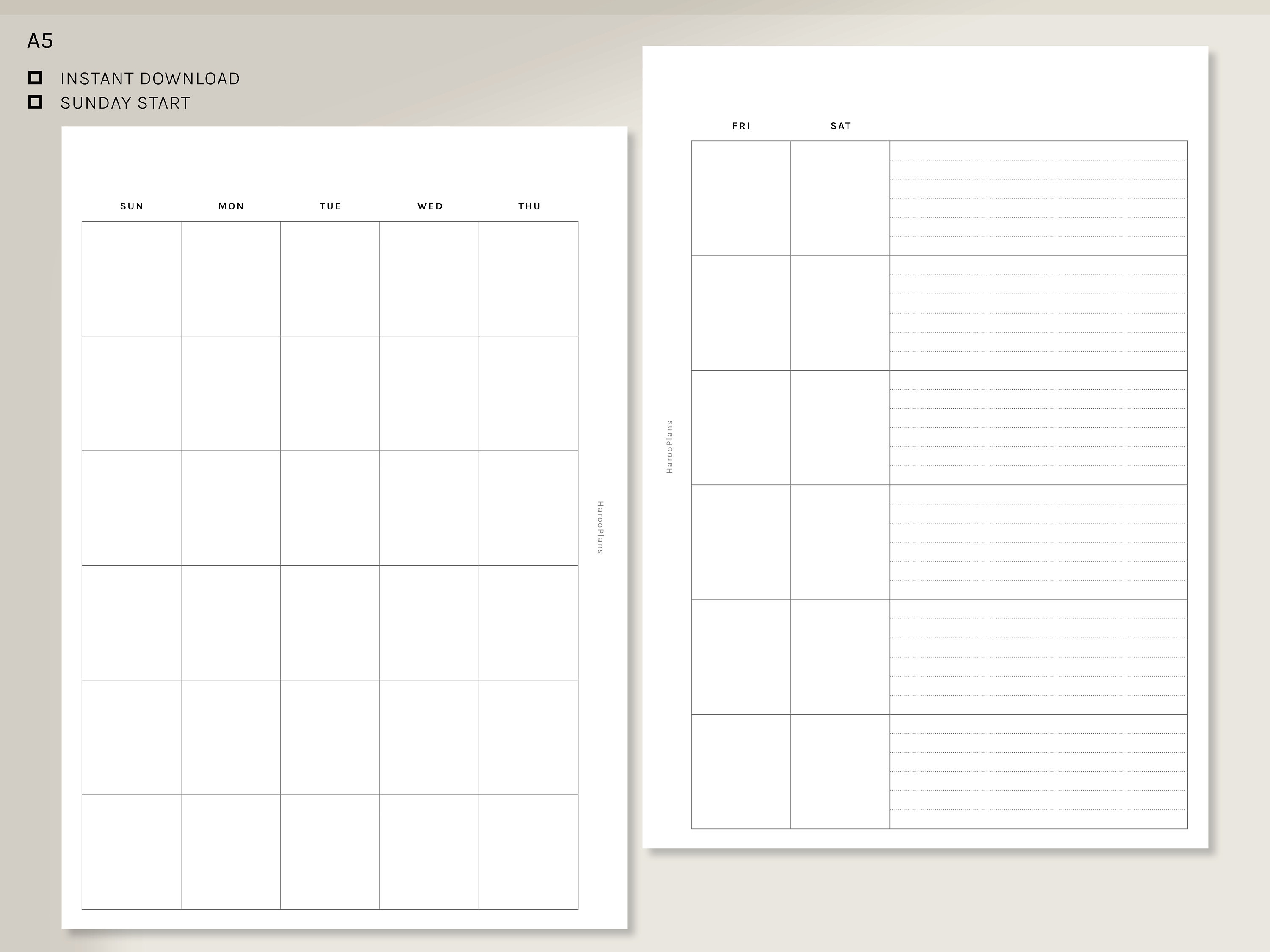 Undated Monthly Planner | A5 Printable Planner Inserts | MO2P Layout ...