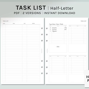 May include: Printable task list planner in half-letter size. The planner has two versions, one with a simple task list and another with a project name, class, and month section. The planner is designed for use with a disc-bound planner.
