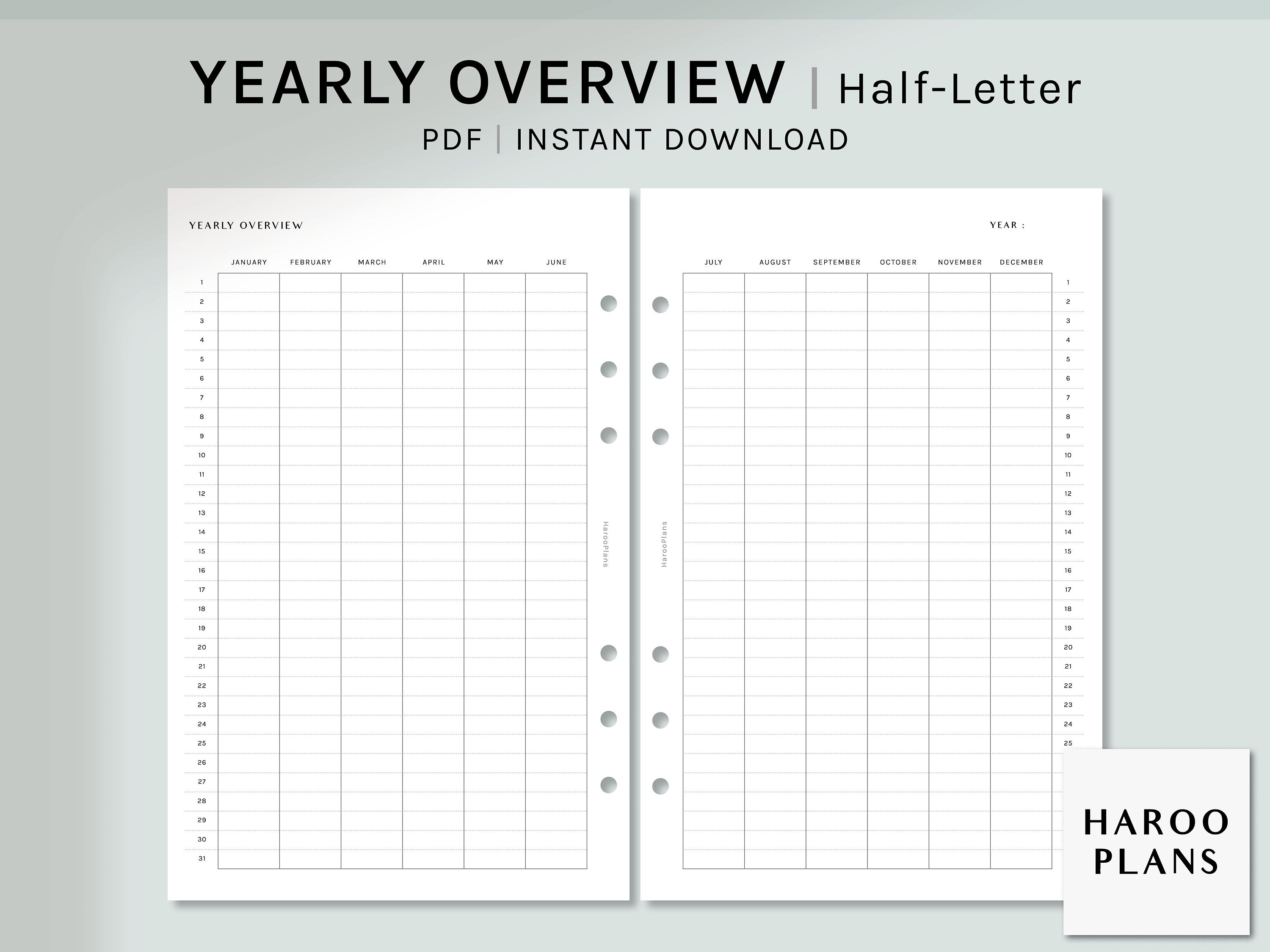 Yearly Overview Printable | Half-letter Size | Planner