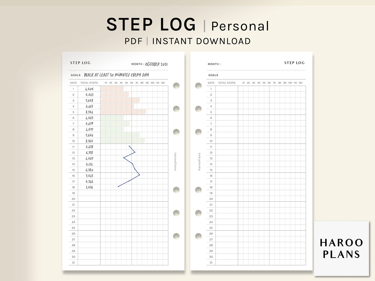 Step Log | Personal Size Printable Inserts | Health Planner Template ...