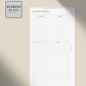Pode incluir: Um planificador de limpeza imprim&iacute;vel com se&ccedil;&otilde;es para tarefas di&aacute;rias, notas e uma grade semanal para atribuir tarefas. O planificador tem o texto "HAROO PLANS" na parte inferior.