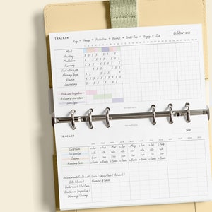 May include: A white planner with a monthly calendar and tracker pages. The tracker pages include sections for mood, reading, meditation, running, fast after 7pm, morning yoga, vitamins, journaling, pride and prejudice, a room of one's own, and jane eyre. The calendar pages include sections for car wash, physiotherapy, laundry, and reading books. The planner also includes a section for once a month to do list, bills/goals, doctor visit/pet care, electronics inspection, and cleaning/saving.