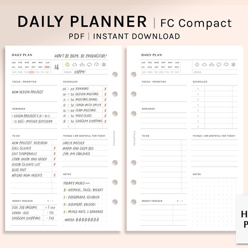 Tagesplaner | FC kompakte Größe druckbare Einsätze | Stundenplan Vorlage | To Do Liste, Geld Tracker | Organizer Datenblatt PDF | Digitaler Download