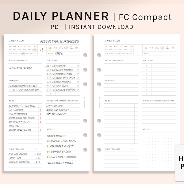 Daily Planner | FC Compact Size Printable Inserts | Schedule Template | To Do List, Money Tracker | Organizer Sheet PDF | Digital Download