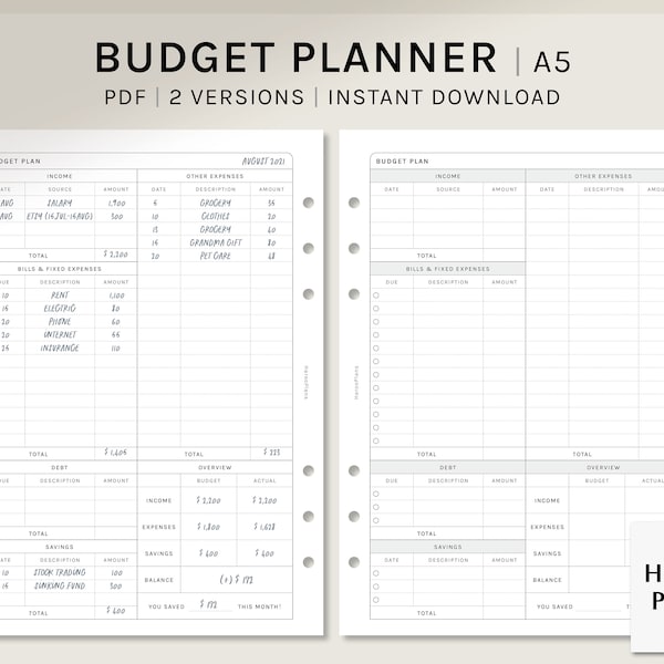 Budget Planner | A5 Printable Planner Inserts | Finance Template Sheet | Income and Expense Tracker Layout | Money Log | Digital Download