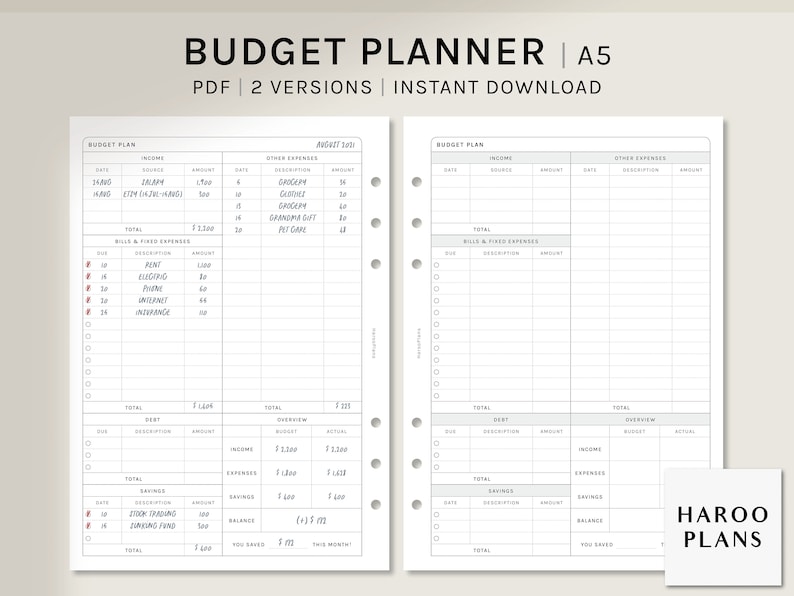 Budget Planner | A5 Printable Planner Inserts | Finance Template Sheet | Income and Expense Tracker Layout | Money Log | Digital Download 