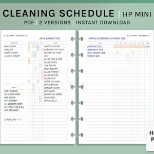 May include: A printable cleaning schedule for a Happy Planner Mini. The schedule includes daily, weekly, monthly, quarterly, and yearly tasks. The left page has a list of cleaning tasks and a grid for marking off days of the week. The right page has a grid for marking off months of the year.