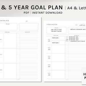 Planificador de metas de 3 y 5 años / A4, inserciones imprimibles de cartas de EE. UU. / Plantilla de plan de acción de vida / Organizador de establecimiento de metas PDF / Descarga digital