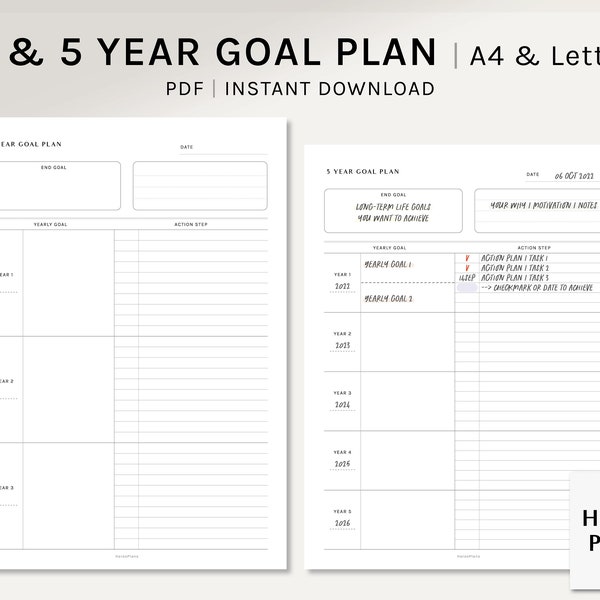 3 and 5 Year Goal Planner | A4, US Letter Printable Inserts | Life Action Plan Template | Goal Setting Organizer PDF | Digital Download
