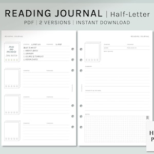 Diario de lectura / Inserciones de planificador imprimible de media carta / Plantilla de registro de revisión de libro PDF / Hojas de diseño de diario de libro simple / Descarga digital