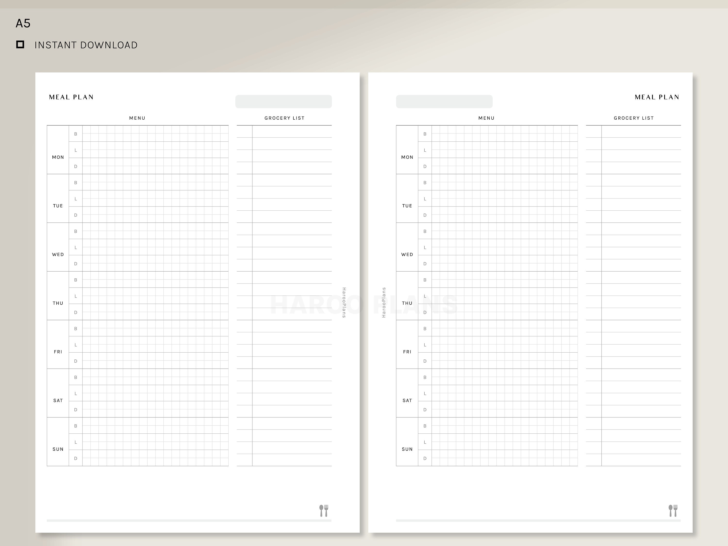 Meal Plan With Grocery List | A5 Printable Planner Inserts | Weekly ...