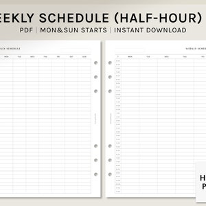 Puede incluir: Un planificador semanal imprimible en tamaño A5, con intervalos de tiempo de media hora. El planificador comienza el lunes y el domingo. El texto "WEEKLY SCHEDULE (HALF-HOUR) | A5 PDF | MON&SUN STARTS | INSTANT DOWNLOAD" está en la parte superior de la página. El texto "WEEKLY SCHEDULE" está en la parte superior de cada página. El texto "HAROO PLANS" está en la parte inferior de la página derecha.
