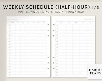 Half Hour Weekly Schedule Sheet | A5 Printable Planner Inserts | 30min Time Blocking Organizer Template | Simple WO1P | Digital Download