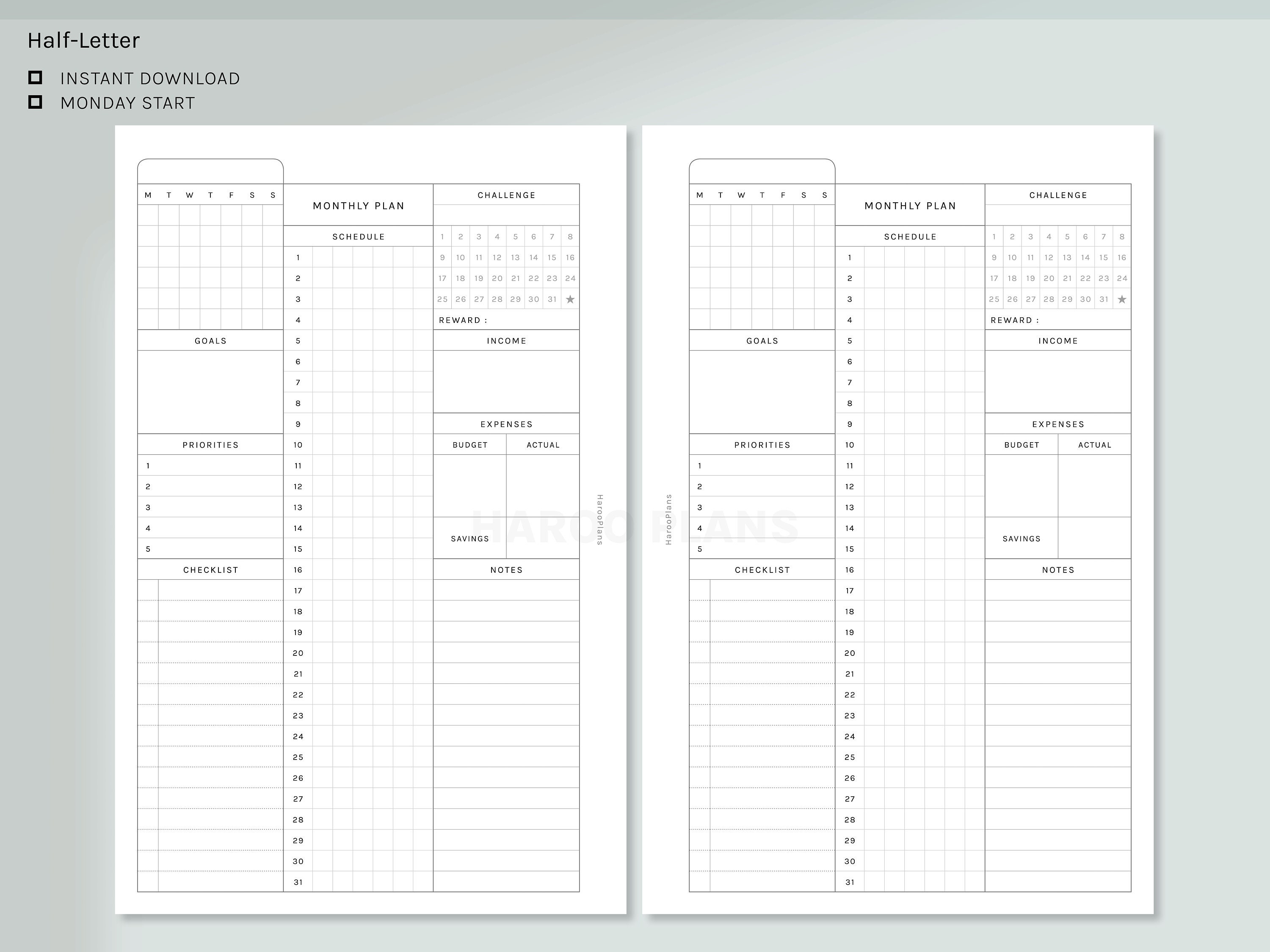 Monthly Planner Half-letter Size Printable Inserts Monthly - Etsy
