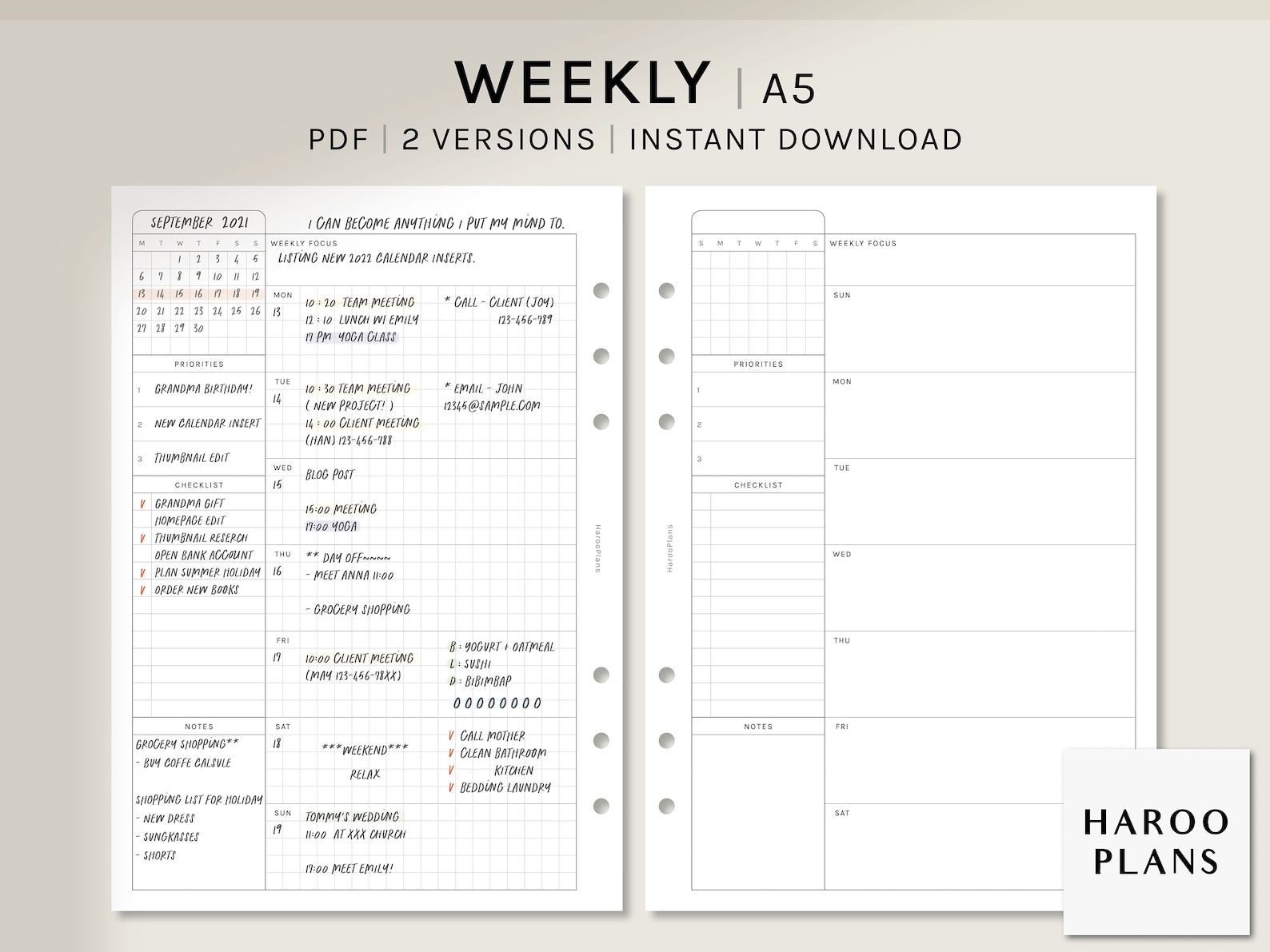 Undated Weekly Planner | A5 Printable Planner Inserts | WO1P Layout ...