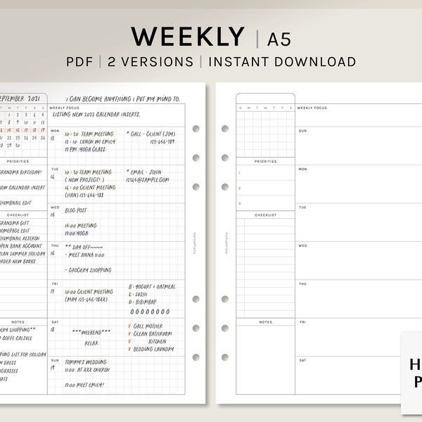 Undated Weekly Planner | A5 Printable Planner Inserts | WO1P Layout Template | Weekly Schedule Worksheet | with Calendar | Digital Download