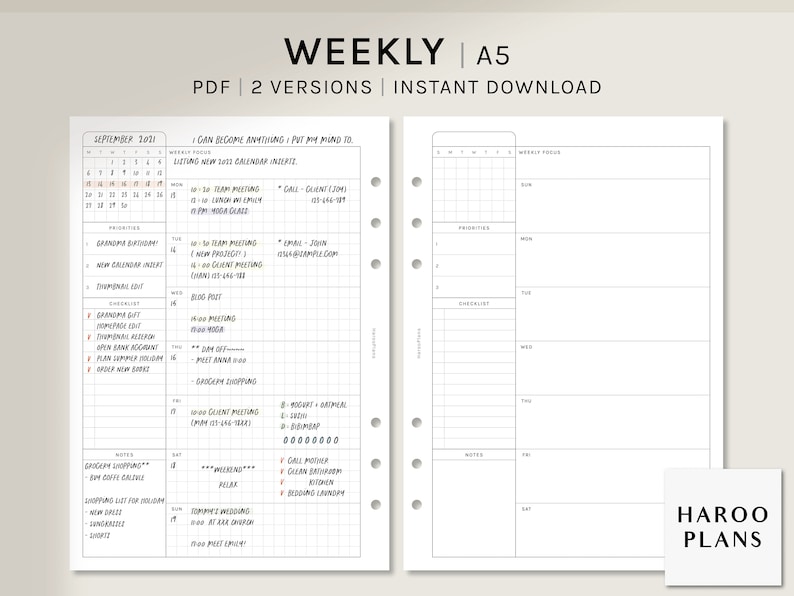 Undated Weekly Planner | A5 Printable Planner Inserts | WO1P Layout ...