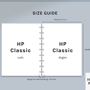 May include: A size guide for a HP Classic notebook, showing the dimensions of the left and right pages. The notebook is 7 inches wide and 9.25 inches tall. The guide also shows a 12.7 mm margin for hole punching.