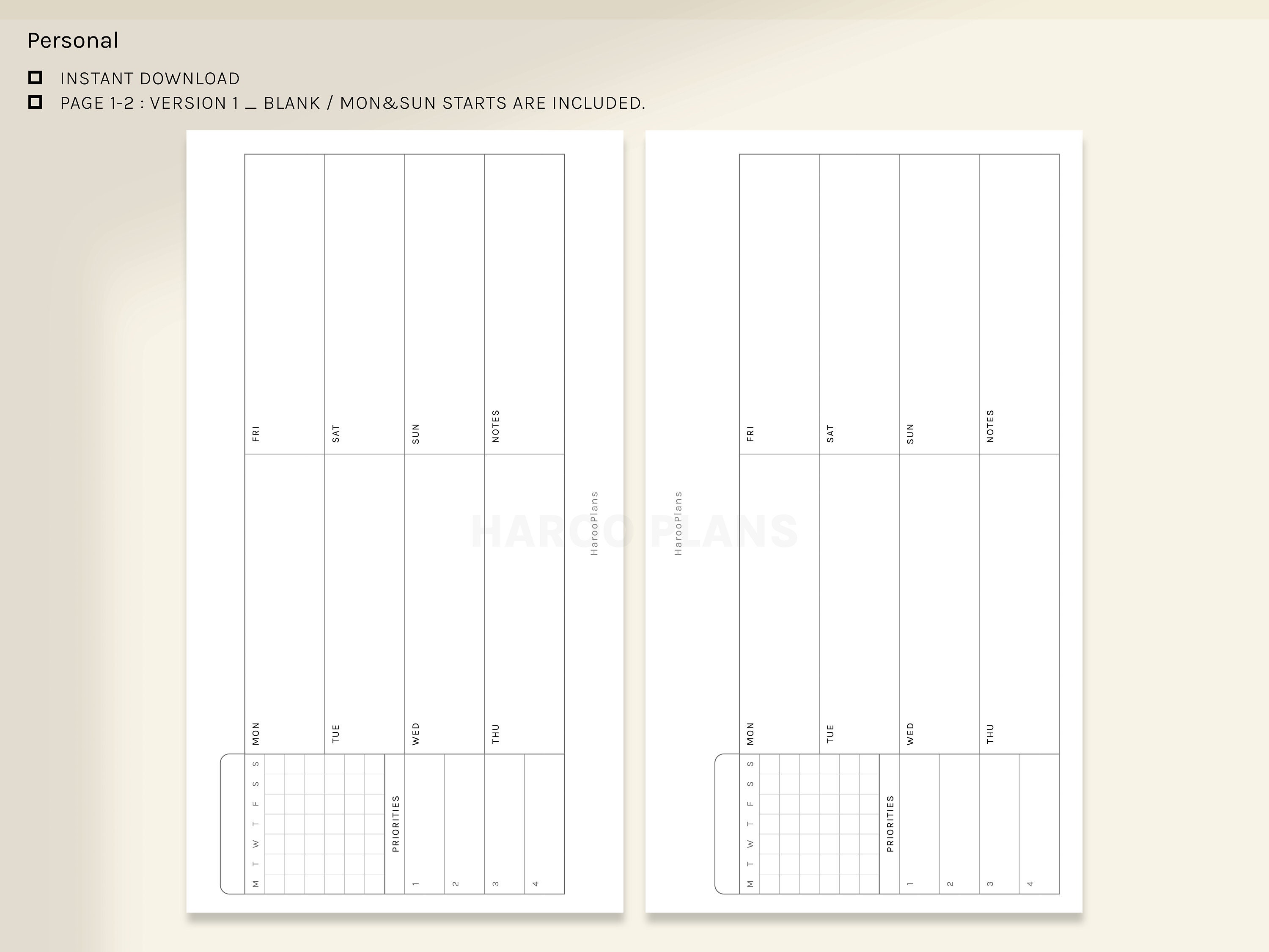 Undated Weekly | Personal Size Printable Planner Inserts | WO1P ...