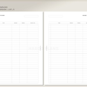 May include: A printable home inventory list with two pages. The list includes columns for item, brand, model, and serial number.
