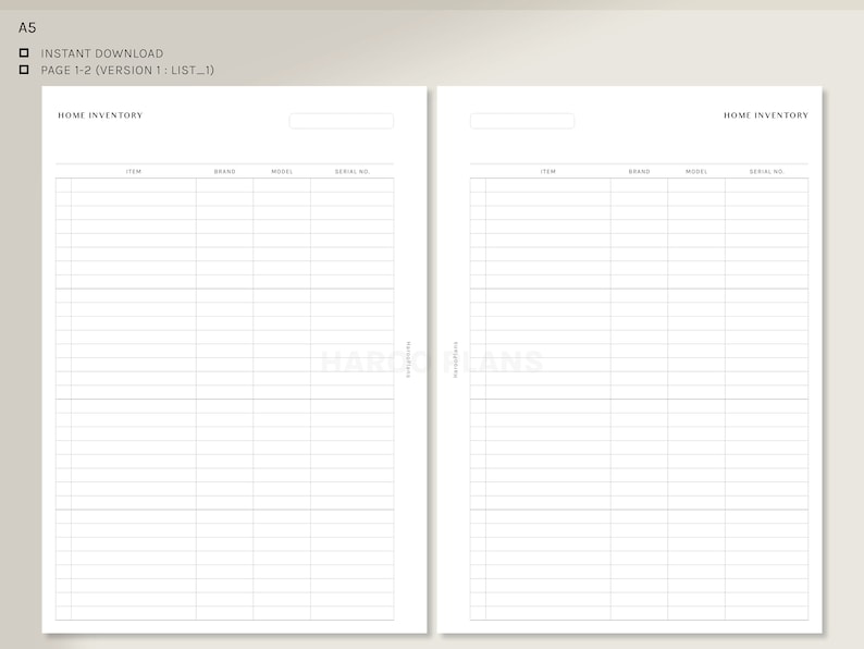 May include: A printable home inventory list with two pages. The list includes columns for item, brand, model, and serial number.