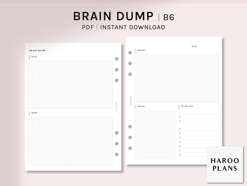 May include: A printable brain dump planner page with a grid layout. The page is divided into four sections: Must, Want, Other, and To Do List. The page is designed for use with a disc bound planner.