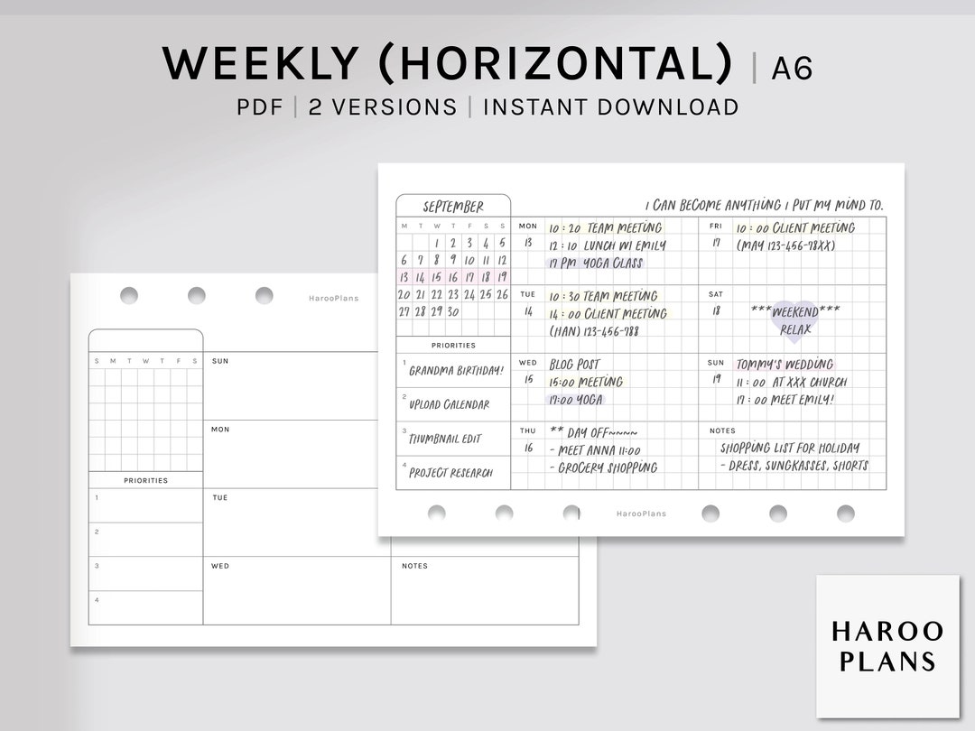 Undated Weekly | A6 Printable Planner Inserts | WO1P Horizontal Layout ...