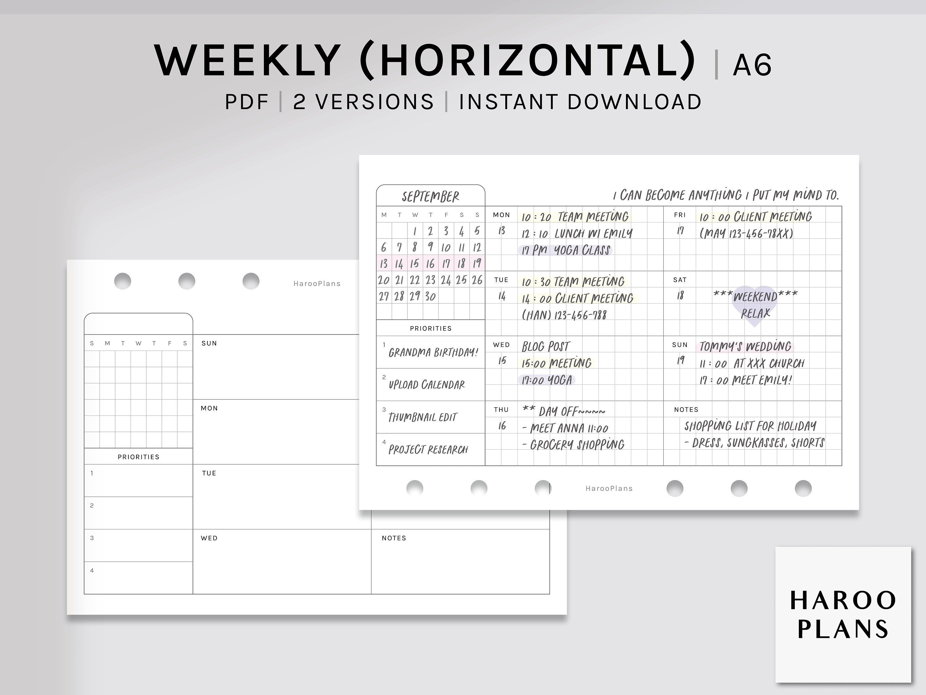 Undated Weekly | A6 Printable Planner Inserts | WO1P Horizontal Layout ...