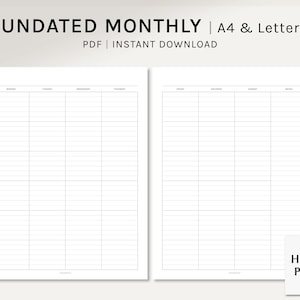 Mensual sin fecha / A4, US Letter Printable Planner Inserts / Lined Calendar Template / MO2P Layout / Month at a glance PDF / Digital Download