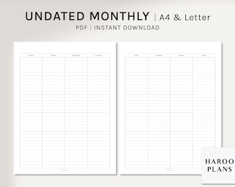 May include: Two blank printable monthly calendar pages in A4 and Letter size. The pages are divided into seven columns for each day of the week, with lines for writing in appointments and tasks. The pages are labeled with the days of the week: Monday, Tuesday, Wednesday, Thursday, Friday, Saturday, Sunday. The pages are designed for use with a planner or journal.