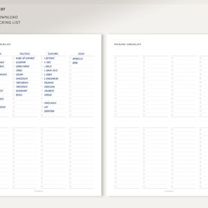 May include: A printable packing checklist with four columns labeled "Essentials", "Toiletries", "Clothing", and "Other". The checklist includes items such as passport, travel planner, wallet, camera, phone, and more.