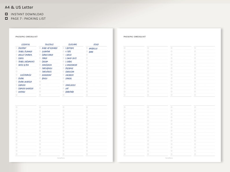 May include: A printable packing checklist with four columns labeled "Essentials", "Toiletries", "Clothing", and "Other". The checklist includes items such as passport, travel planner, wallet, camera, phone, and more.