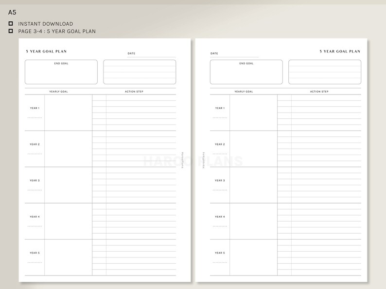 3 and 5 Year Goal Planner | A5 Printable Inserts | Life Goal Action ...